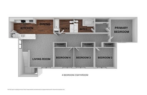 Floor plan for 4 beds, 2 baths, 1450 sqft